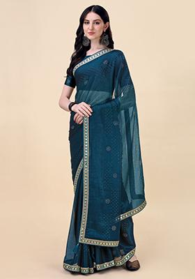 Teal Blue Swarovski Bead Work Saree With Blouse
