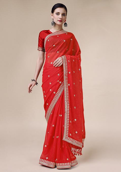 Red Butti Work Saree With Sequin Embroidered Blouse