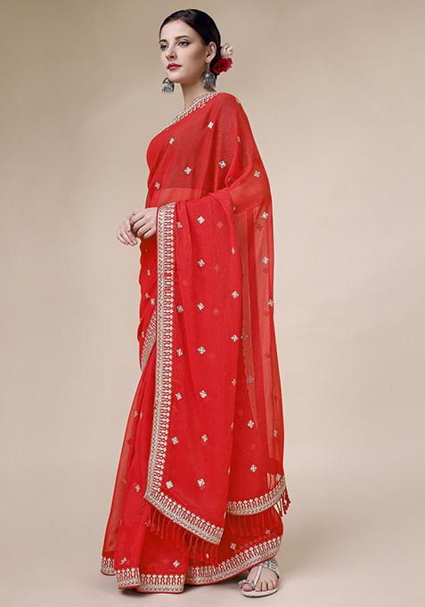 Faux georgette saree with sequenced butti work ( blouse piece included) main image 0