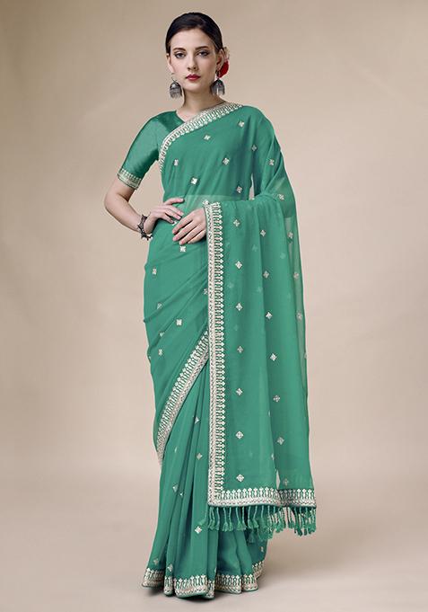 Rama Green Butti Work Saree With Sequin Embroidered Blouse