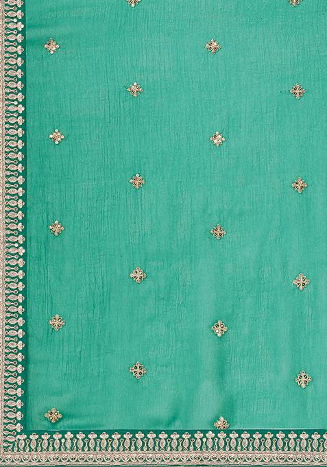 Rama Green Sanganeri Block Butti Print Linen Saree with Blouse