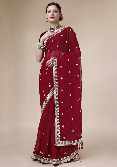 Maroon Butti Work Saree With Sequin Embroidered Blouse