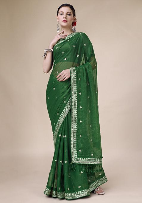 Green Butti Work Saree With Sequin Embroidered Blouse