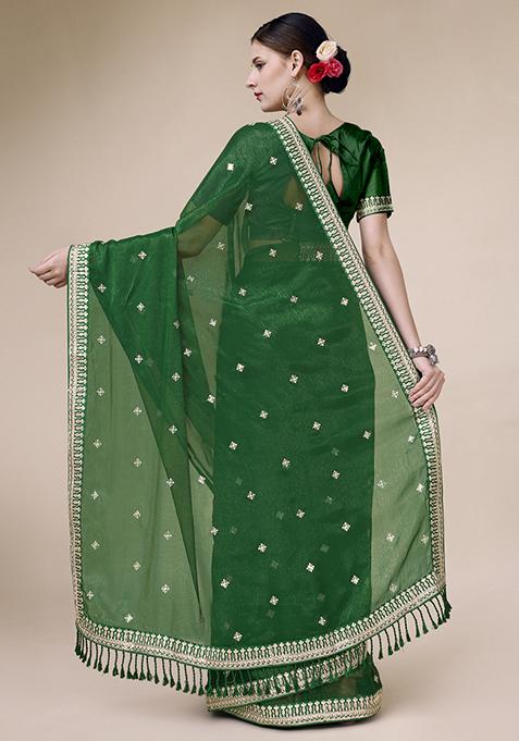 Faux georgette saree with sequenced butti work ( blouse piece included) main image 1