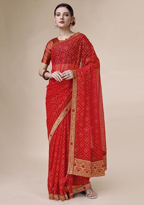 Red Shimmer Foil Bandhani Work Saree With Blouse