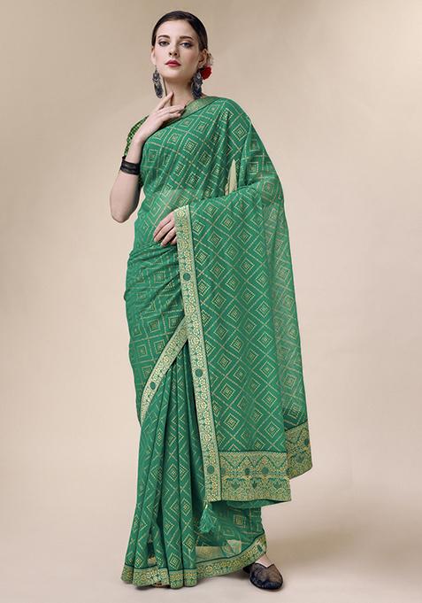 Green Shimmer Foil Bandhani Work Saree With Blouse