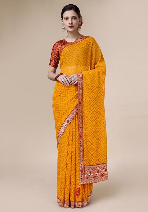 Yellow Shimmer Foil Bandhani Work Saree With Blouse