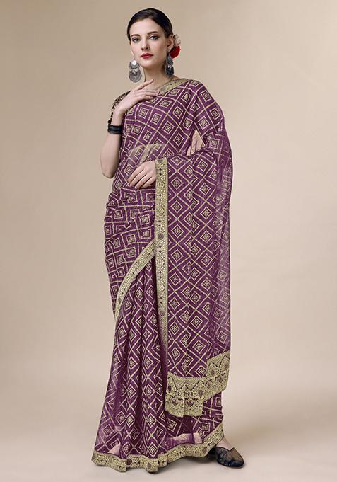 Purple Shimmer Foil Bandhani Work Saree With Blouse