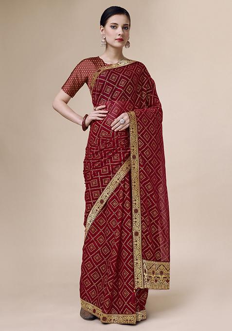 Maroon Shimmer Foil Bandhani Work Saree With Blouse