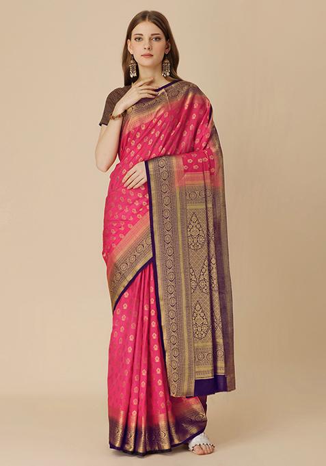 Pink Jacquard Dola Silk Saree With Blouse