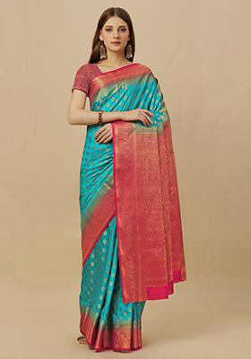 Light Blue Jacquard Dola Silk Saree With Blouse