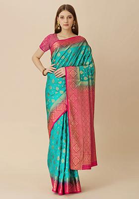 Firozi Blue Jacquard Dola Silk Saree With Blouse