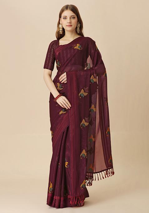 Maroon Boota Stone Embroidered Chiffon Shimmer Patta Saree With Blouse