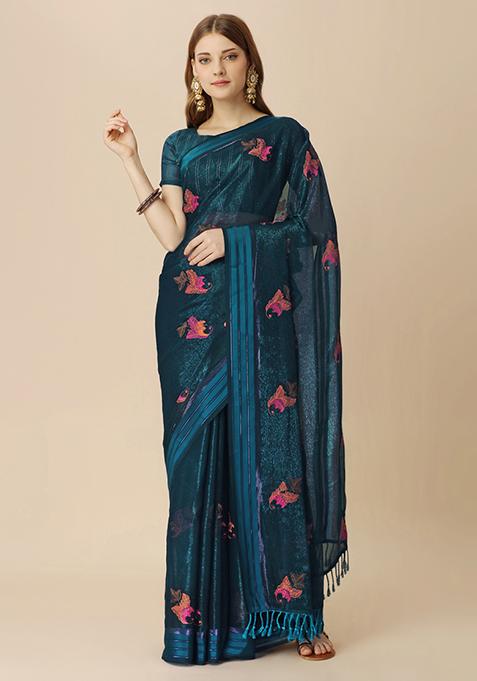 Dark Blue Boota Stone Embroidered Chiffon Shimmer Patta Saree With Blouse