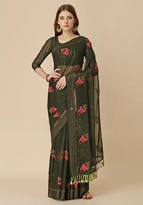 Mehandi Green Boota Stone Embroidered Chiffon Shimmer Patta Saree With Blouse