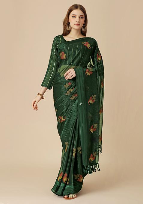 Green Boota Stone Embroidered Chiffon Shimmer Patta Saree With Blouse