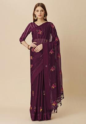 Burgundy Boota Stone Embroidered Chiffon Shimmer Patta Saree With Blouse