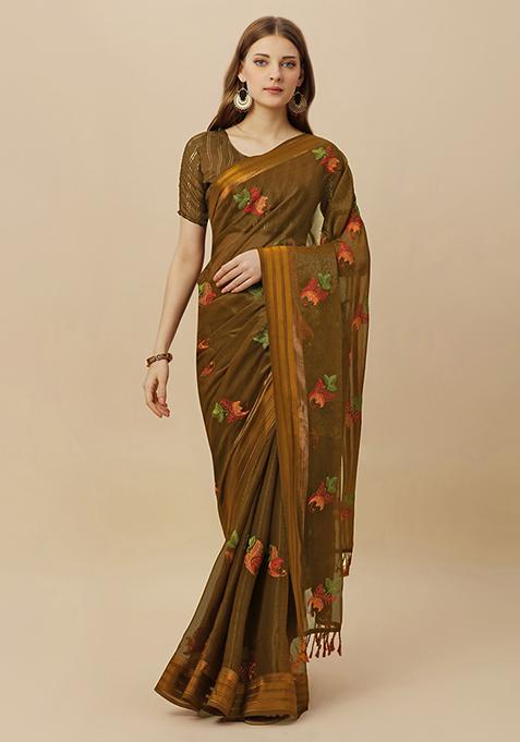 Brown Boota Stone Embroidered Chiffon Shimmer Patta Saree With Blouse