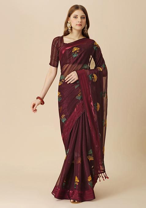 Maroon Boota Embroidered Chiffon Shimmer Patta Saree With Blouse