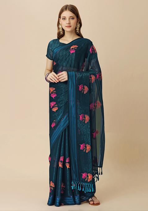 Dark Blue Boota Embroidered Chiffon Shimmer Patta Saree With Blouse