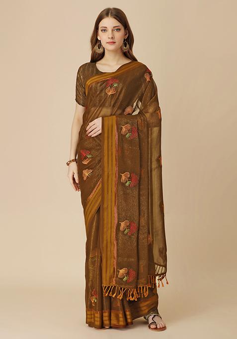 Brown Boota Embroidered Chiffon Shimmer Patta Saree With Blouse