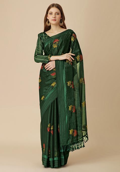 Green Boota Embroidered Chiffon Shimmer Patta Saree With Blouse