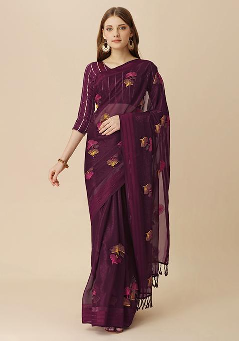 Burgundy Boota Embroidered Chiffon Shimmer Patta Saree With Blouse