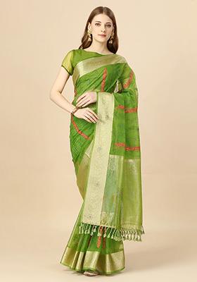 Mehendi Green Zari Swarovski Thread Work Saree With Blouse