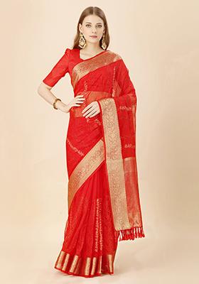 Red Zari Swarovski Thread Work Saree With Blouse