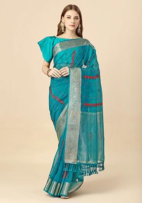 Teal Blue Zari Swarovski Thread Work Saree With Blouse