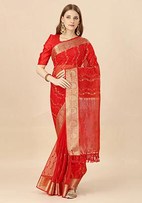 Red Swarovski Thread Work Saree With Blouse