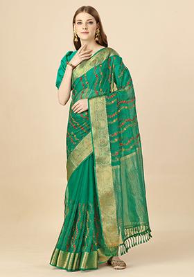 Green Zari Swarovski Thread Work Saree With Blouse