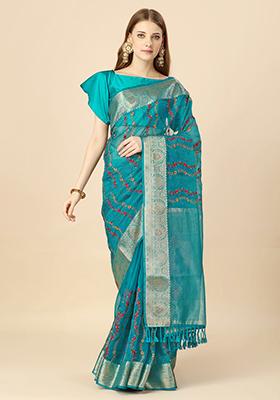 Teal Blue Swarovski Thread Work Saree With Blouse