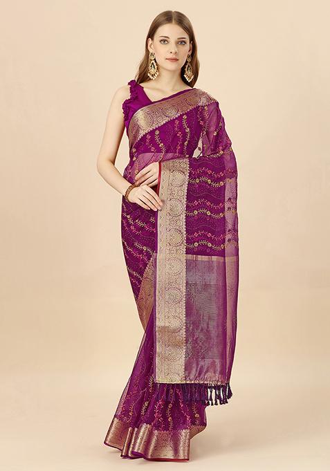Purple Zari Swarovski Thread Work Saree With Blouse