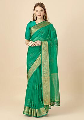 Green Swarovski Thread Work Saree With Blouse