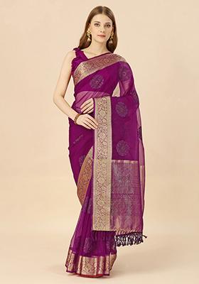 Wine Zari Swarovski Thread Work Saree With Blouse