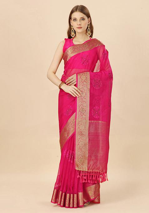 Rani Pink Zari Swarovski Thread Work Saree With Blouse