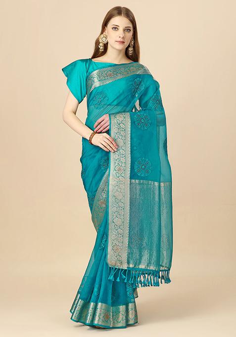 Teal Blue Swarovski Embroidered Saree With Blouse