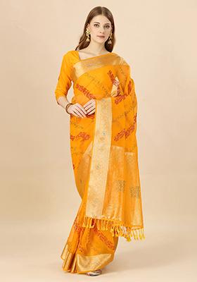 Yellow Zari Swarovski Thread Work Saree With Blouse