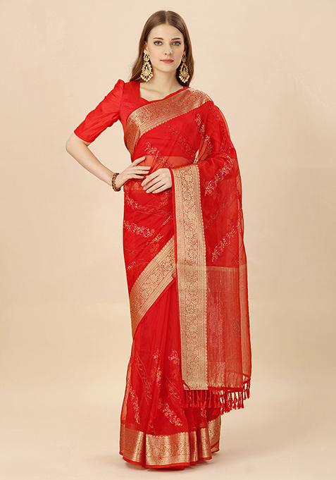 Red Swarovski Embroidered Saree With Blouse