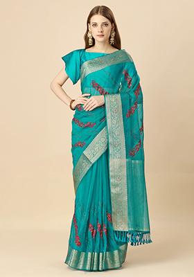 Teal Blue Zari Swarovski Embroidered Saree With Blouse