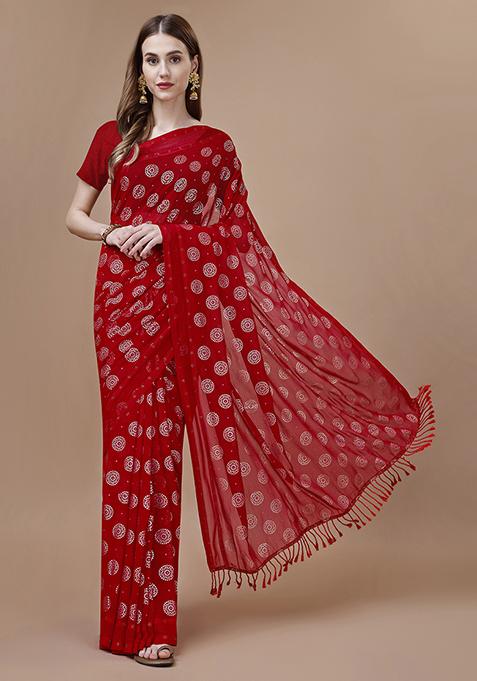 Red Gola Foil Print Chiffon Silk Saree With Blouse