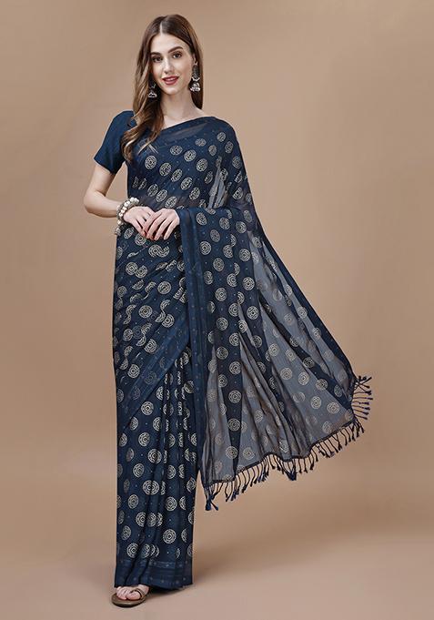 Royal Blue Gola Foil Print Chiffon Silk Saree With Blouse