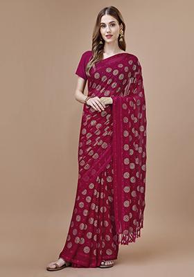 Maroon Gola Foil Print Chiffon Silk Saree With Blouse