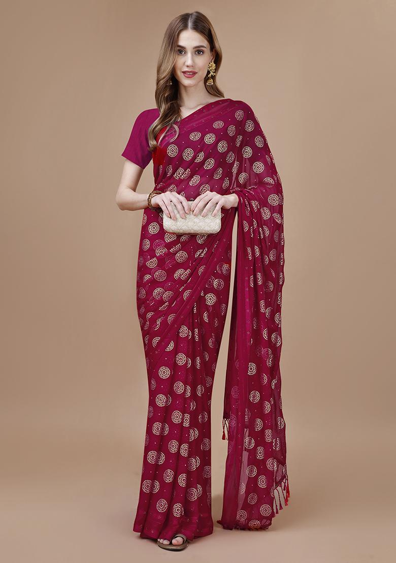 Maroon Gola Foil Print Chiffon Silk Saree With Blouse - Indya