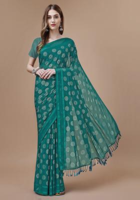 Teal Blue Gola Foil Print Chiffon Silk Saree With Blouse