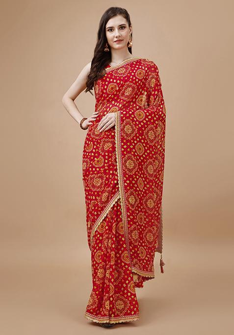 Red Bandhani Print Georgette Saree With Blouse