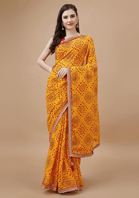 Yellow Bandhani Print Georgette Saree With Blouse