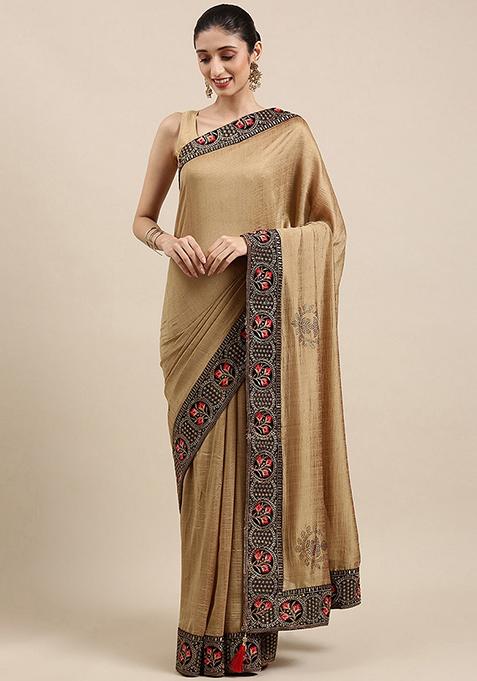 Beige Embroidered Vichitra Silk Saree With Blouse