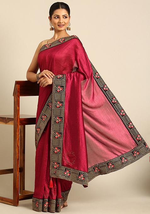 Purple Embroidered Vichitra Silk Saree With Blouse